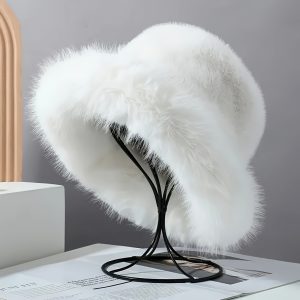 1pc Fashionable Fluffy Artificial Fur Bucket Hat, Luxury Plush Thickened Warm Bucket Hat