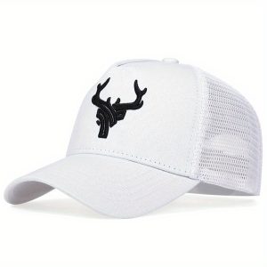 1pc Men's Antlers Embroidered Mesh Baseball Cap, Outdoor Sport Adjustable Sunscreen Leisure Hat, For Travel And Beach Vacation