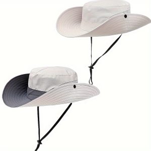 2Pcs Beige And Light Gray Ponytail Sun Bucket Hats For Foldable Mesh Wide Brim Hiking Beach Fishing