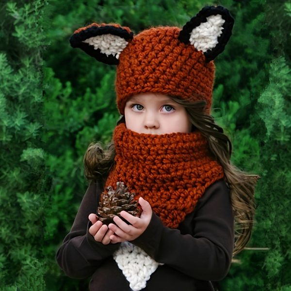 Cartoon Squirrel Hat & Scarf For Autumn And Winter, Children's Thick Knitted Handmade Fox Scarf & Hat Set - 2pcs Fset