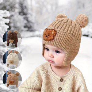 Winter Baby Beanie, Cartoon Bear Ear Protection Knitted Hat For Boys & Girls, Cute Warm Keeping Cap