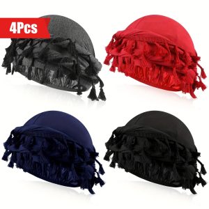 4pcs Retro Twist Head Wraps, Satin Lined Turban With Tassels, For Cycling Sports For Women Men