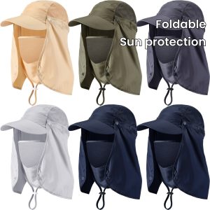 6 Pieces Fishing Hat With Neck Flap Mens Sun Protection Hat For Women Foldable Fishing Hat UV Sun Blocker Hats With Removable Mesh Face Mask Neck Flap Strap For Outside Outdoor, 5 Colors