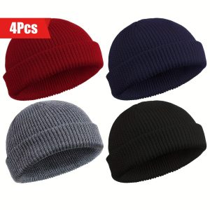 4pcs Cozy Knitted Roll-Up Skull Hat for Men and Women - Perfect for Winter Fishing and Outdoor Activities