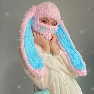 1-Pack Cute Long Rabbit Ear Knitted Balaclava, Thick Warm Chunky Yarn Hat, Outdoor Cycling Skiing Warm Hood, Perfect for Halloween - Hand Wash FDry Clean, Knit Fabric, ??80% Textile, 100% Polyester