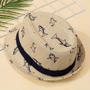 Boys' Panama Straw Hat with Shark Print - Perfect for Beach Vacations and Outdoor Adventures. Suitable for Ages 3-6. Hand Washable, Not Suitable for Dry Cleaning. Made of Paper Material.